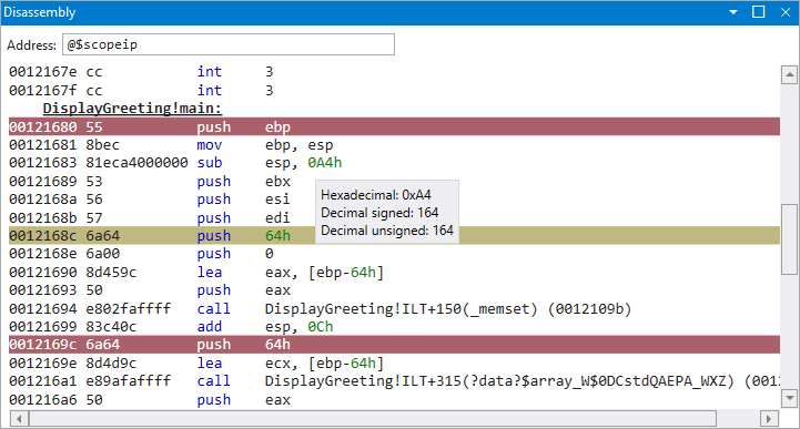 Screenshot of the Disassembly window in WinDbg debugger.