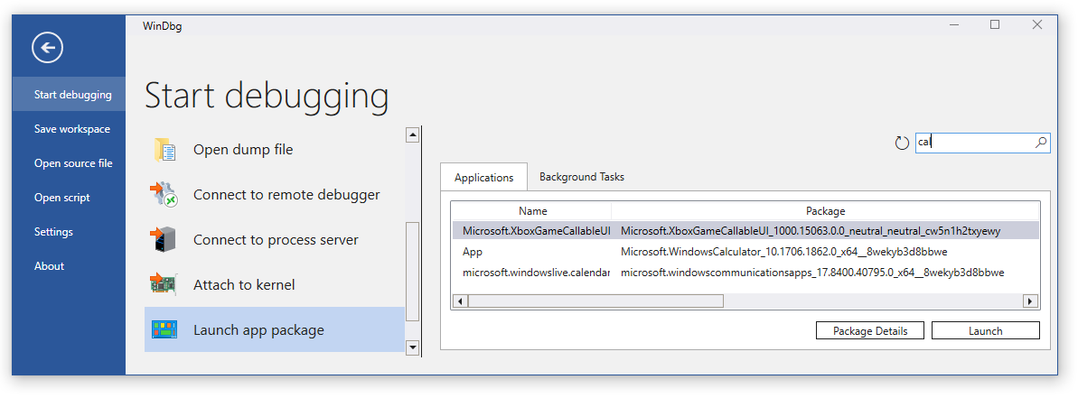 Screenshot of the Launch App Package - Applications tab in WinDbg with 'cal' in the search box and three apps listed.