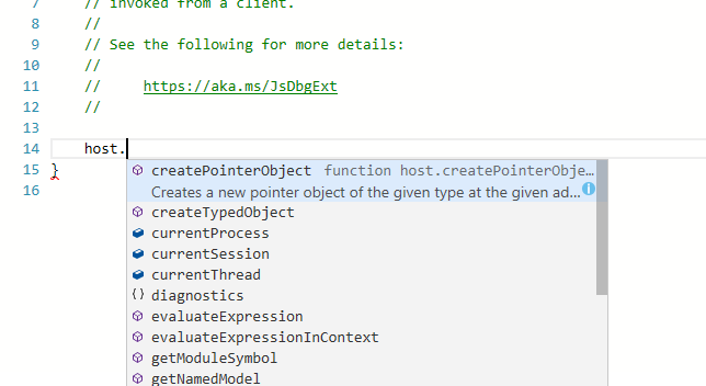 Screenshot of the Scripting window in WinDbg debugger with IntelliSense and error highlighting.