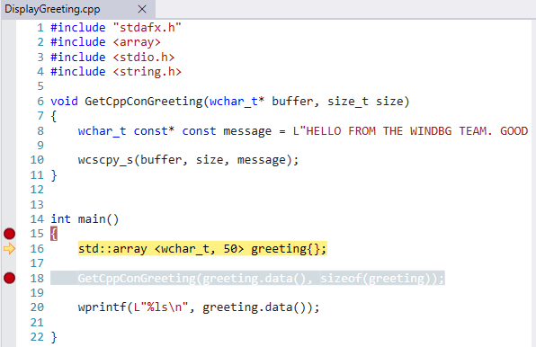Screenshot of the Source code window in WinDbg debugger with syntax highlighting.