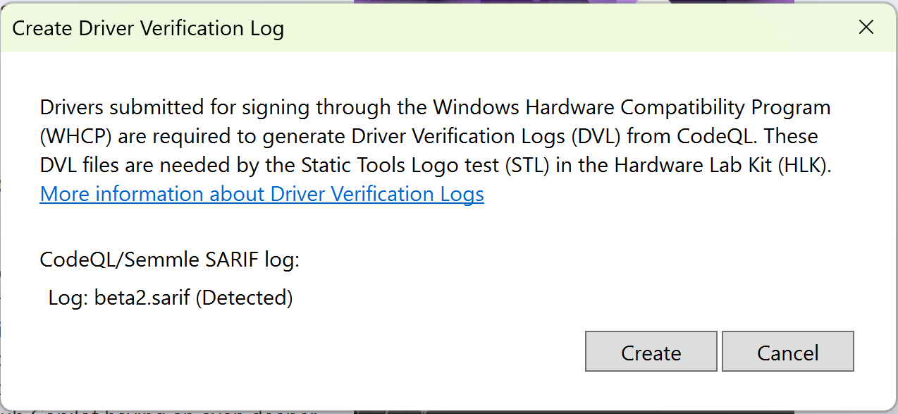 Screenshot of Visual Studio notification for CodeQL DVL generation.