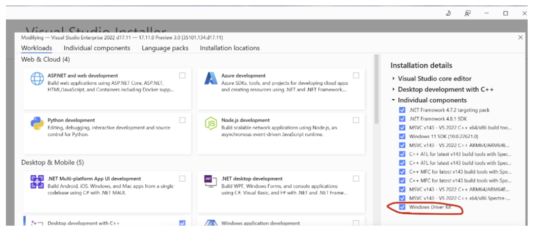 Screenshot of Visual Studio WDK individual component selected.