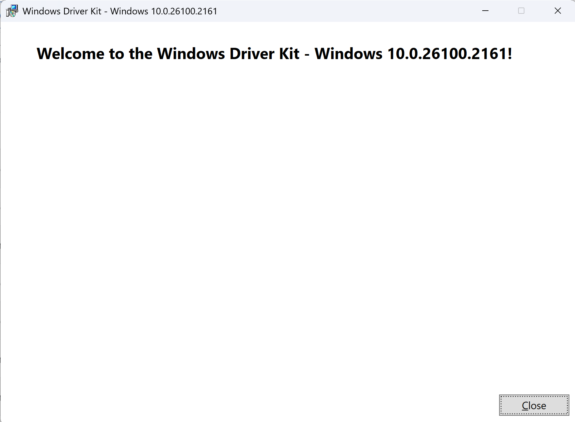 Screenshot of the WDK install success message.