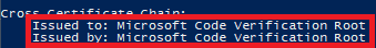 Screenshot that shows output from the sign tool command that identifies a cross-certificate chain.