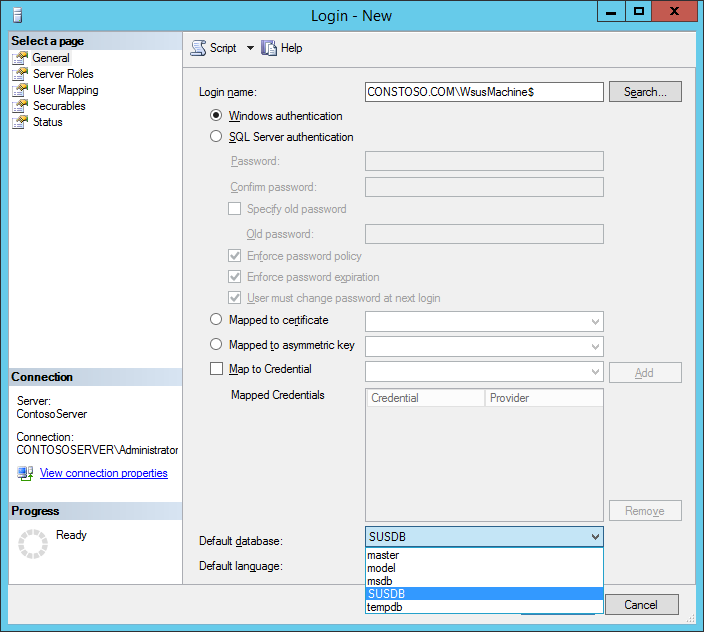 Screenshot of the Login dialog box showing that the FQDN is Contosto.com** and the W S U S machine name is W s u s Machine.