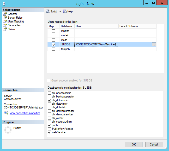Screenshot of the User Mapping page of the Login dialog box showing the SUSDB and webService options selected.