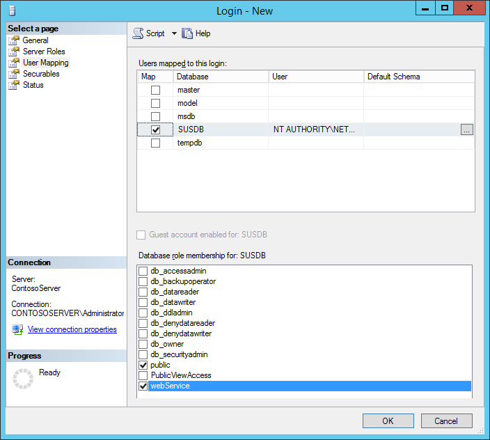 Screenshot of the User Mapping page of the Login dialog box showing the public and webService options selected.