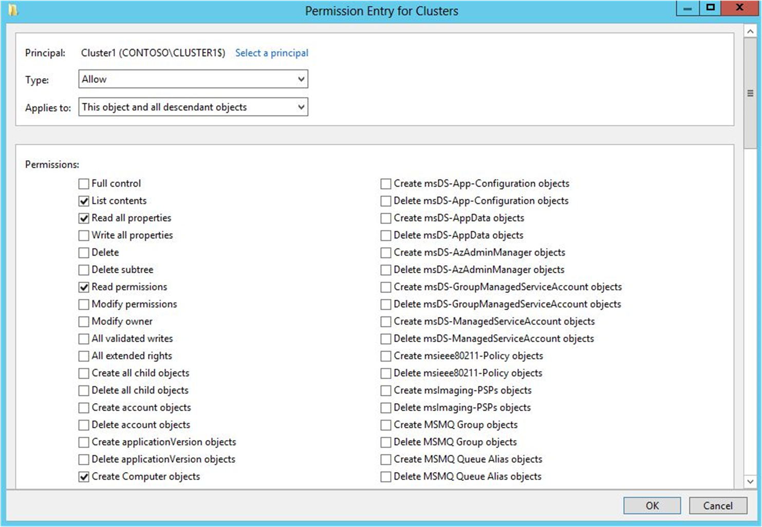 Screenshot of granting the Create Computer objects permission to the CNO.