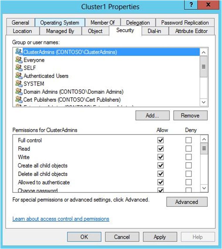 Screenshot of granting Full Control to the user or group that will create the cluster.