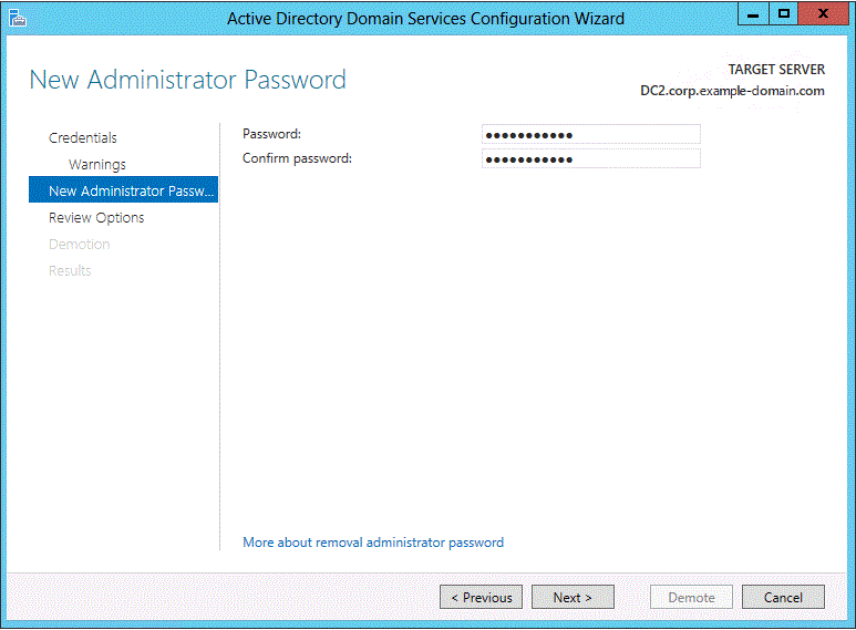 Screenshot of the New Administrator Password page of the wizard. Fields for entering and confirming a password are visible.