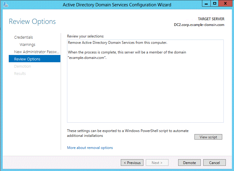 Screenshot of the final Review Options page of the wizard. Text summarizes selected options for demoting a domain controller.