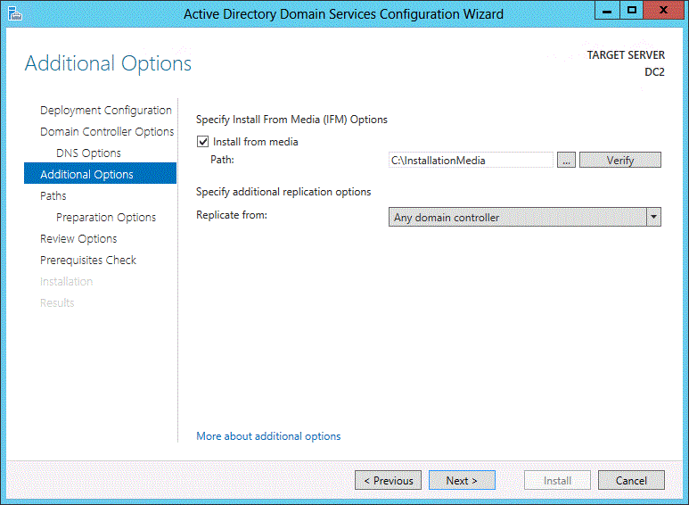 Screenshot of the Additional Options page of the wizard. A media installation path is visible. The replication source is set to any domain controller.