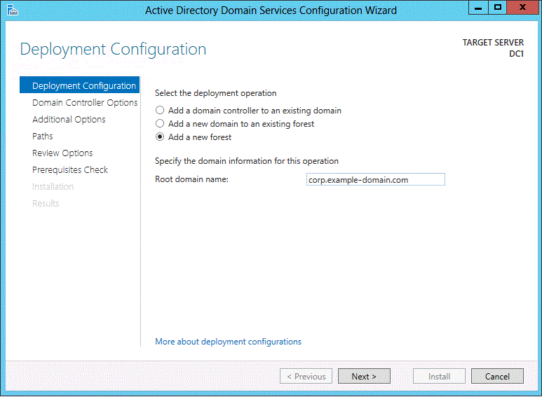 Screenshot of the Deployment Configuration page of the wizard. The option for adding a new forest is selected, and a root domain name is visible.