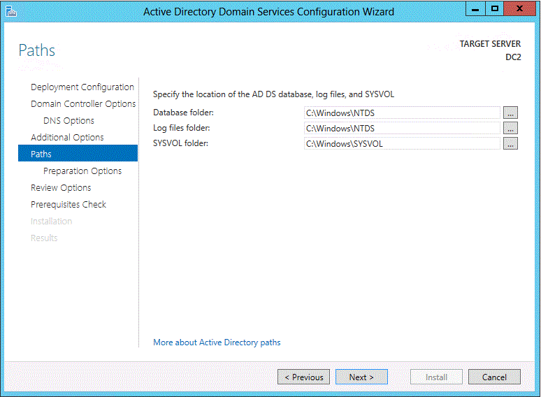 Screenshot of the Paths page of the wizard. Fields are available for entering the database, log, and SYSVOL folders.