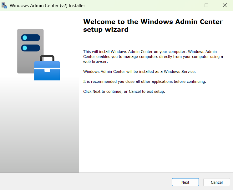 Screenshot of the Windows Admin Center v2 Installer setup wizard welcome screen.