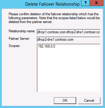Screenshot of deleting a failover relationship in the DHCP console.
