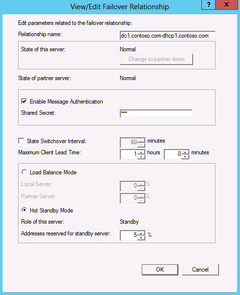 Screenshot of editing the failover properties in the DHCP console.