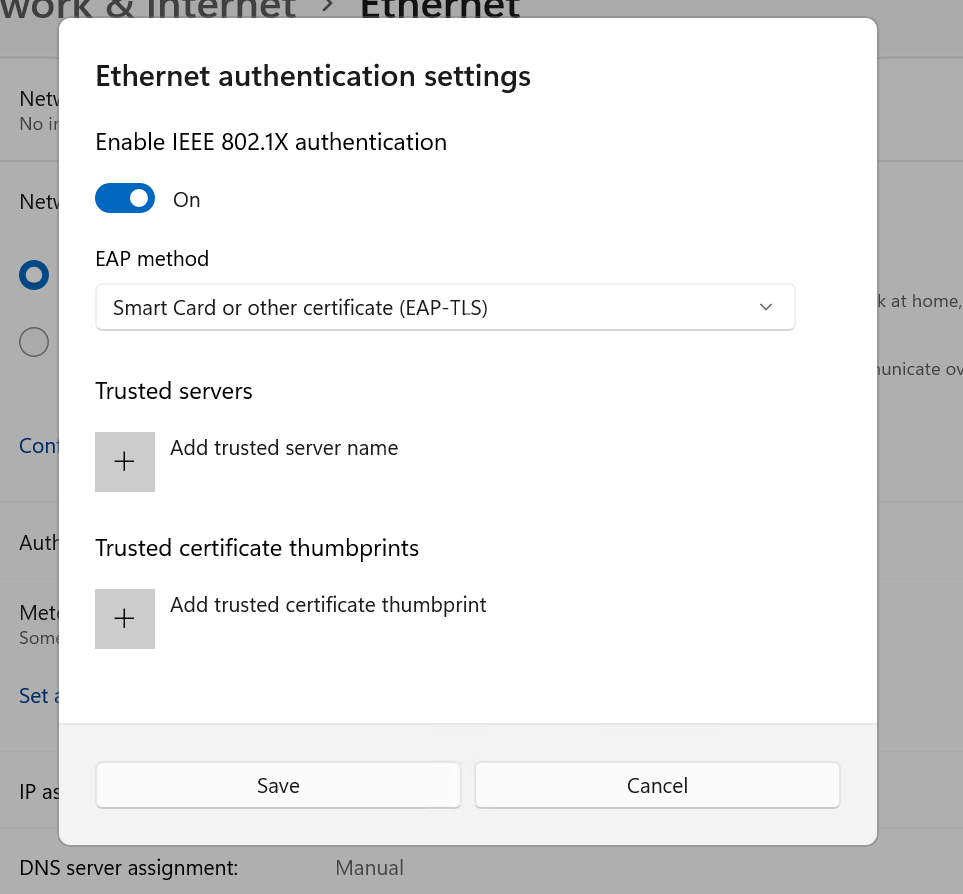 Screenshot of the Ethernet authentication settings dialog, expanded, in the Windows 11 Settings app.