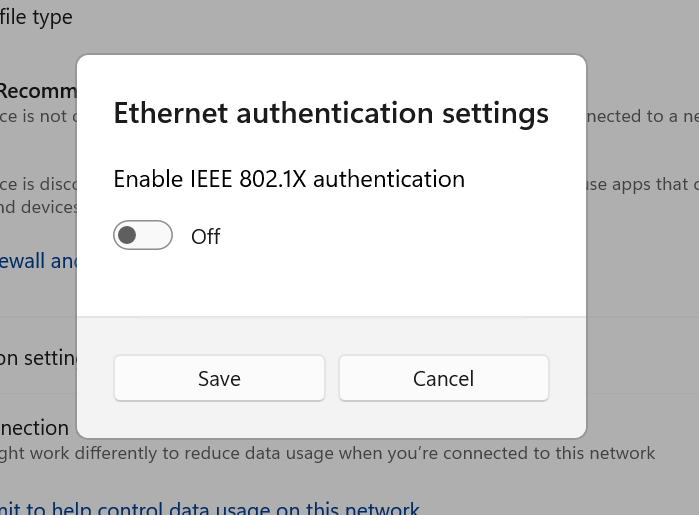 Screenshot of the Ethernet authentication settings dialog in the Windows 11 Settings app.