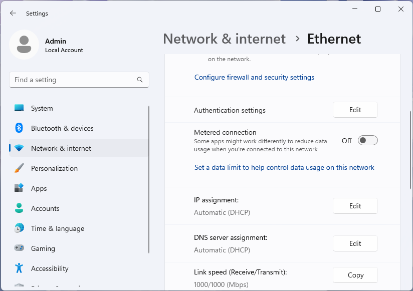 Screenshot of the Ethernet page of the Windows 11 Settings app.