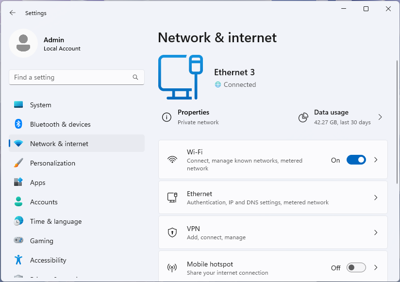 Screenshot of the Network & internet page in the Windows 11 Settings app.