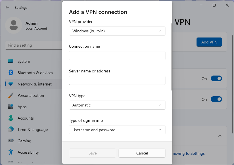 Screenshot of the Add a VPN connection dialog in the Windows 11 Settings app.
