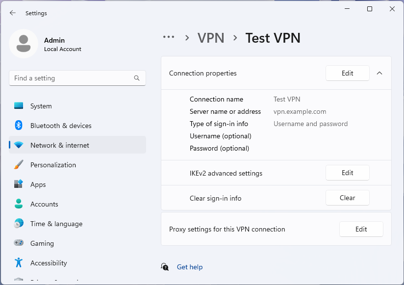 Screenshot of the VPN advanced options page for a profile in the Windows 11 Settings app.