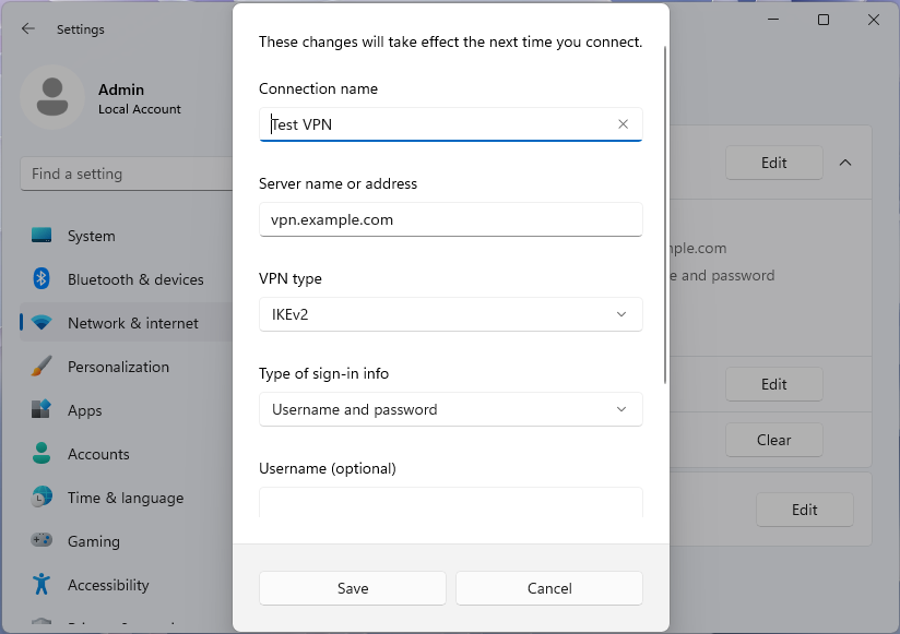Screenshot of the VPN profile Edit dialog in the Windows 11 Settings app.