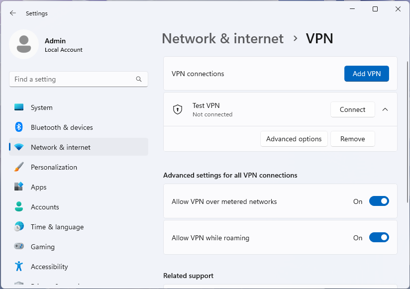 Screenshot of the VPN page with selected profile in the Windows 11 Settings app.