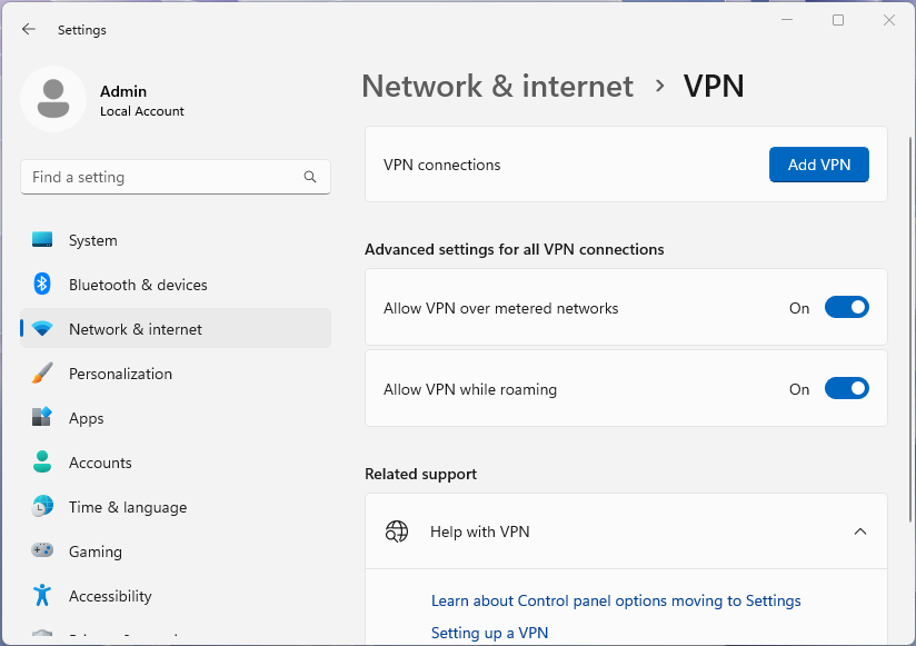 Screenshot of the VPN page of the Windows 11 Settings app.