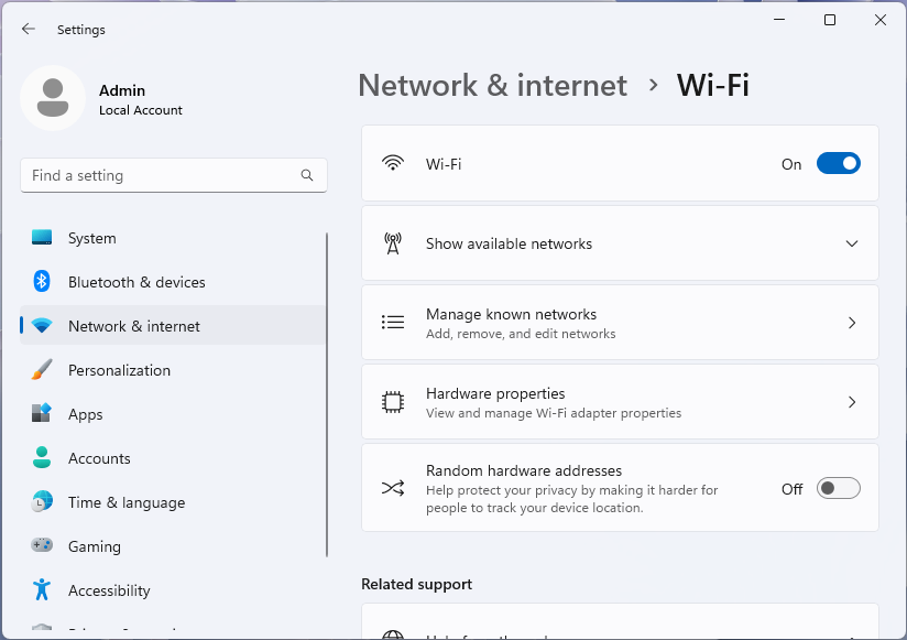 Screenshot of the Wi-Fi page of the Windows 11 Settings app.