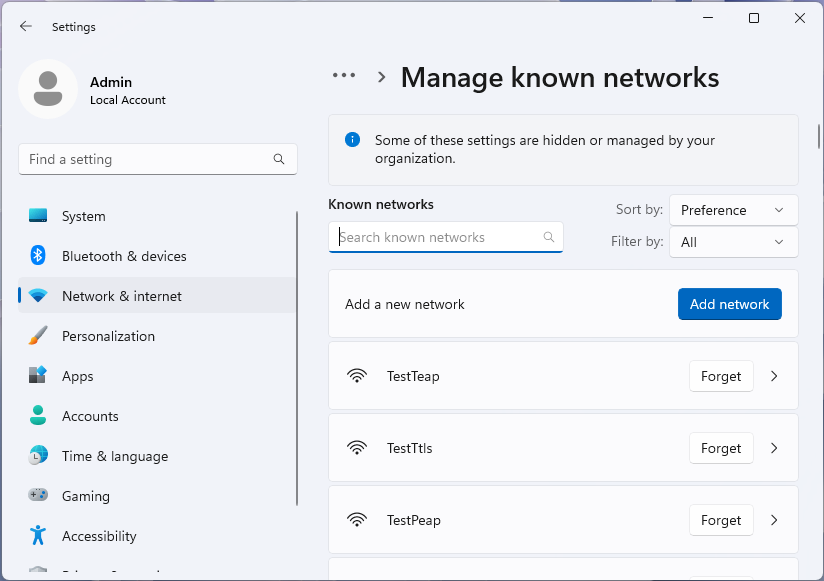 Screenshot of the Manage known networks page of the Windows 11 Settings app.