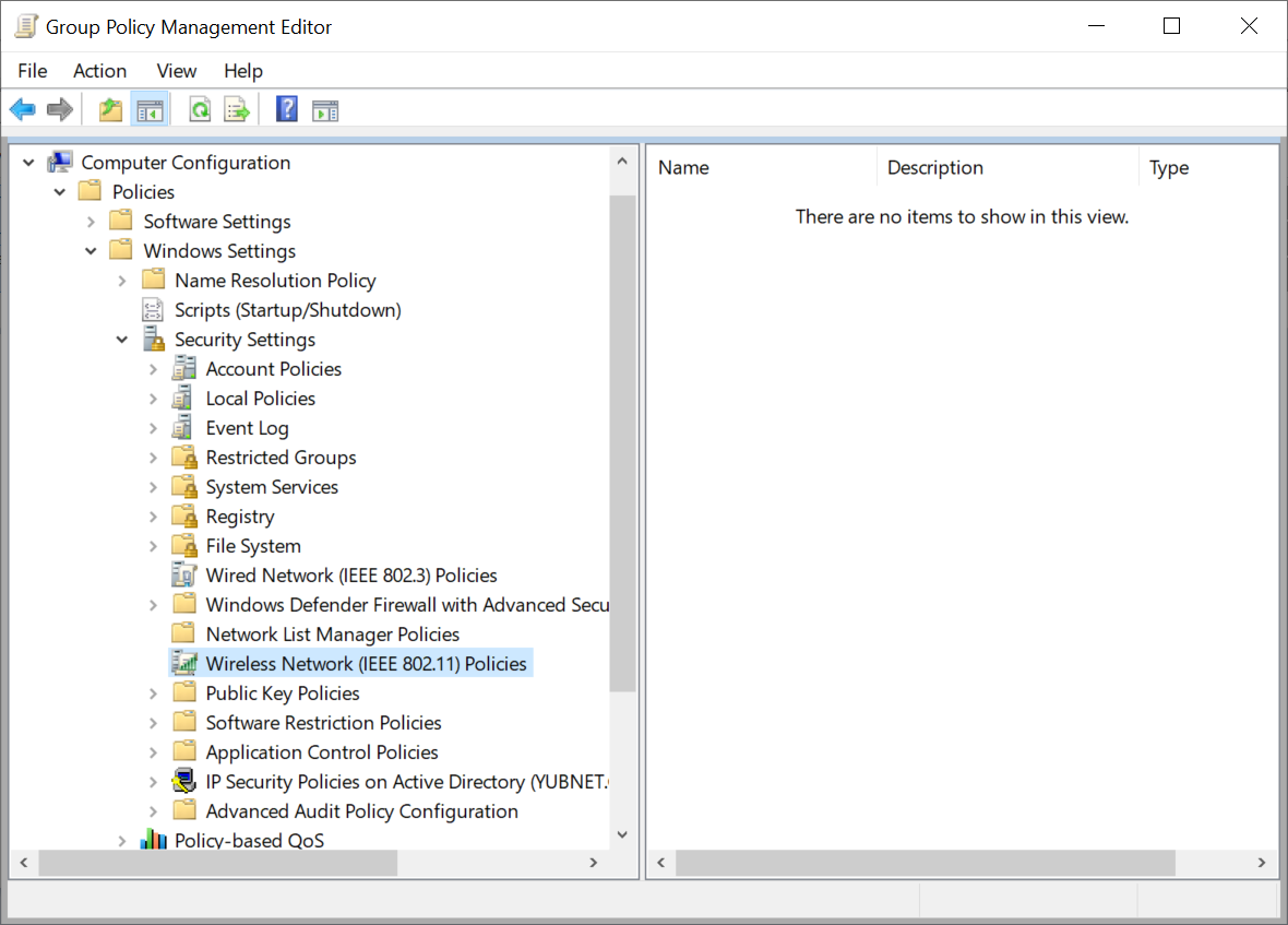 Screenshot showing the Wireless Network (IEEE 802.11) Policies option in Group Policy Management Editor.