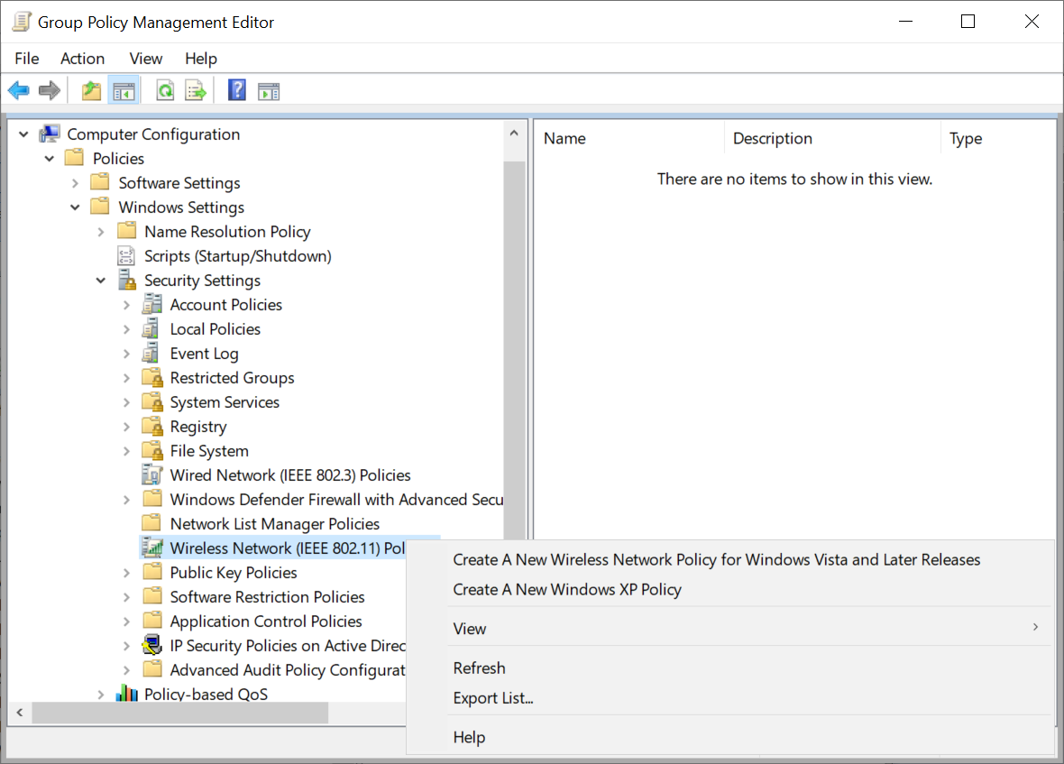 Screenshot showing the Create A New Wireless Network Policy for Windows Vista and Later Releases option in Group Policy Management Editor.