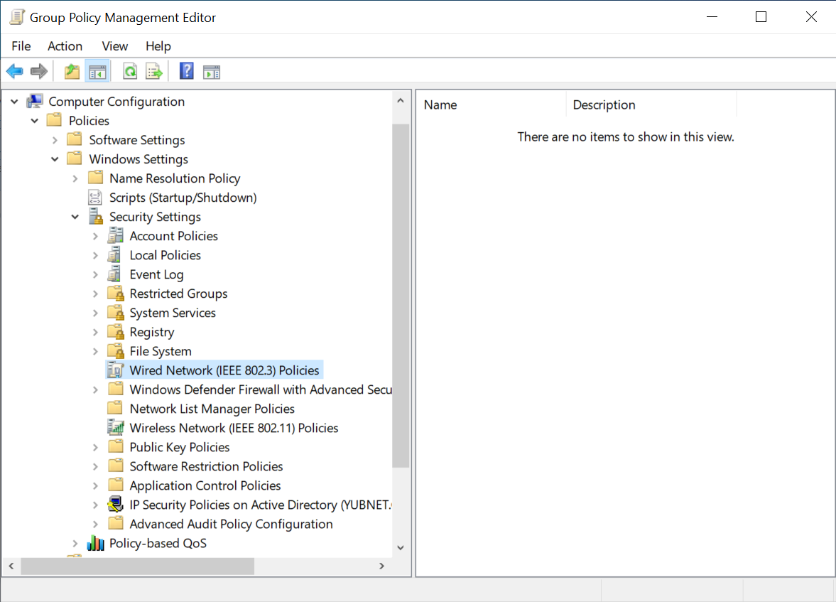 Screenshot showing the Wired Network (IEEE 802.3) Policies option in Group Policy Management Editor.