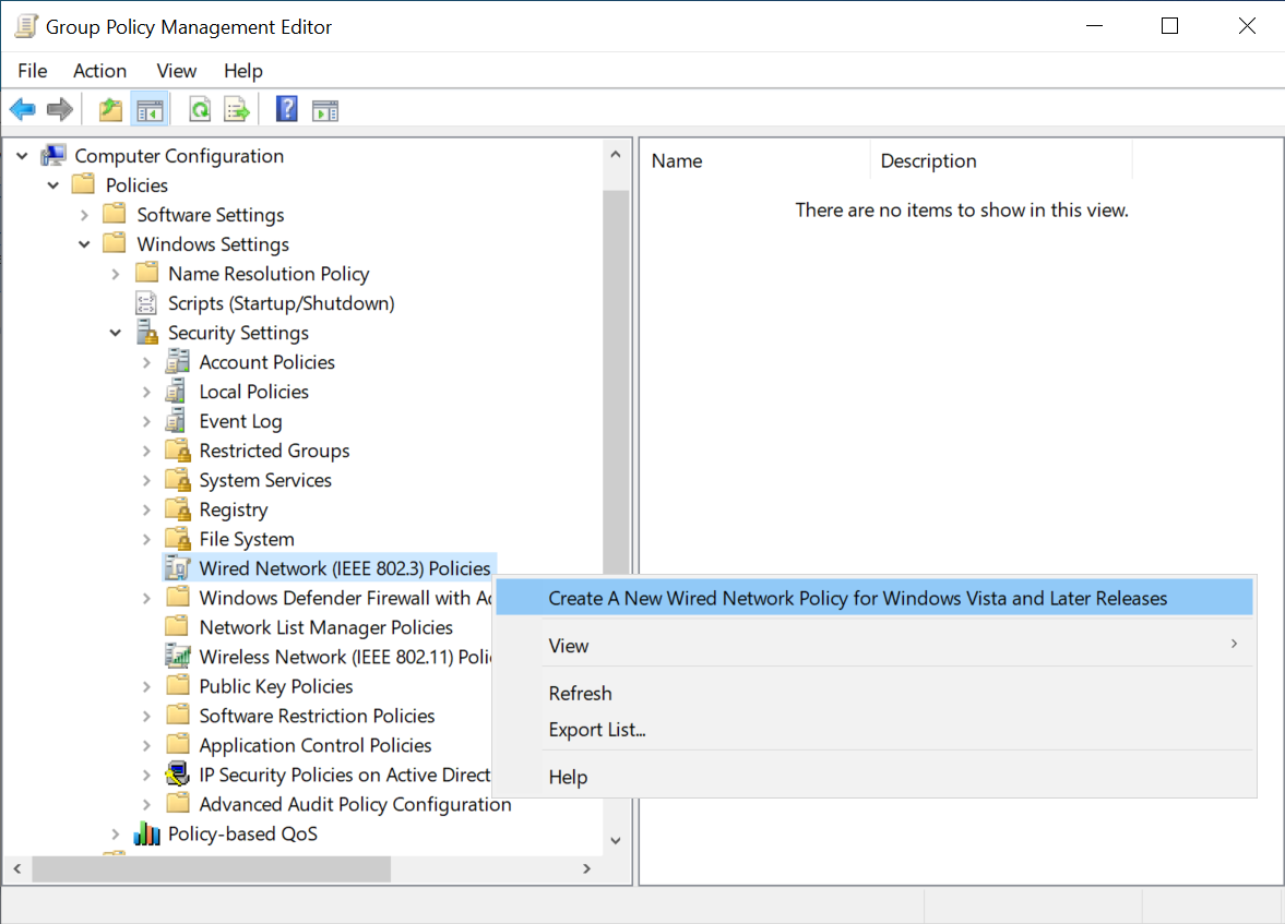 Screenshot showing the Create A New Wired Network Policy for Windows Vista and Later Releases option in Group Policy Management Editor.