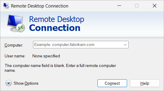 A screenshot of the Remote Desktop Connection app comes preinstalled in Windows.