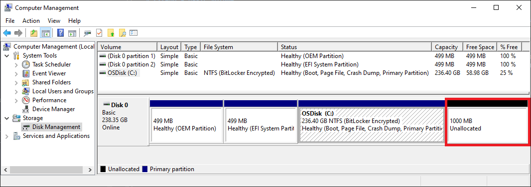 Screenshot of Disk Management showing available unallocated space for a volume extension.