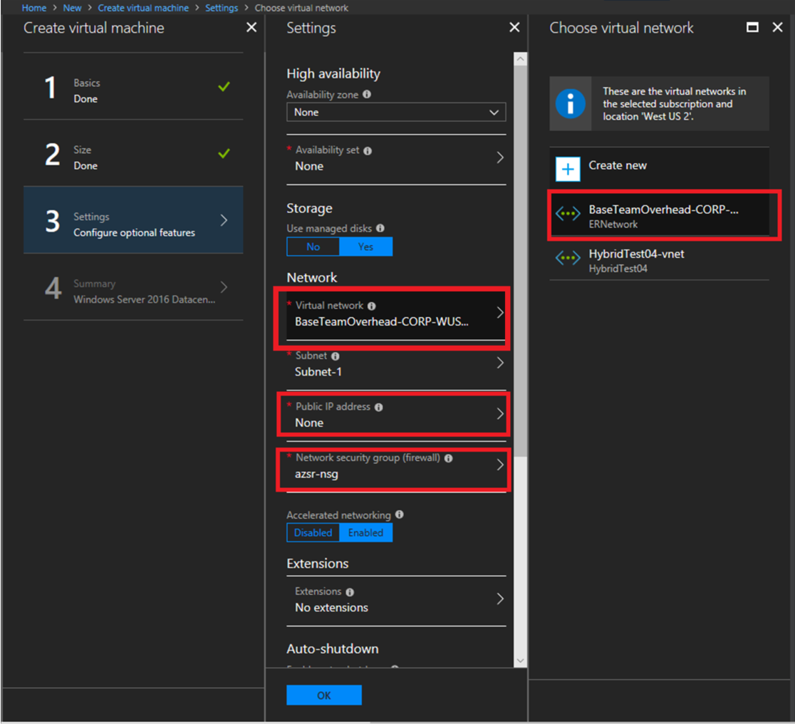 Screenshot of creating a virtual machine that shows ExpressRoute network settings.