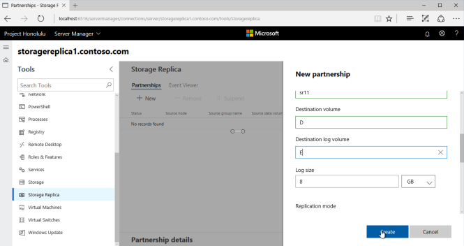 Screenshot that shows the New Partnership screen and partnership details, such as an 8-GB log size.