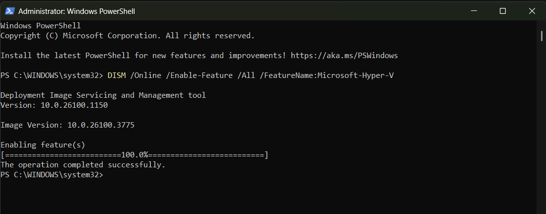 Console window showing Hyper-V being enabled.