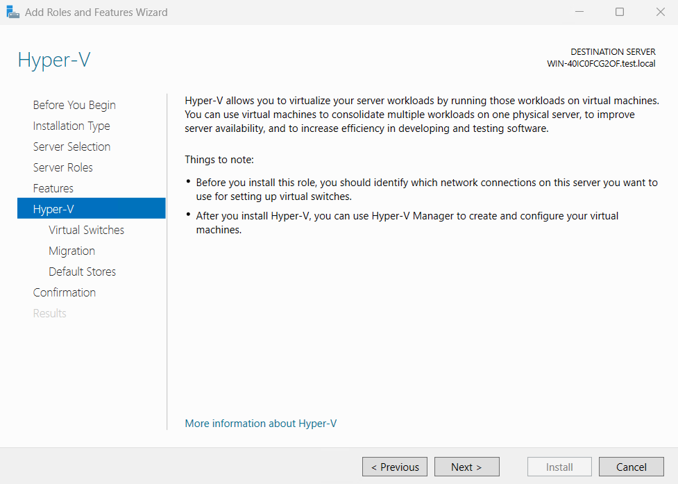 Screenshot of Hyper-V installation settings.