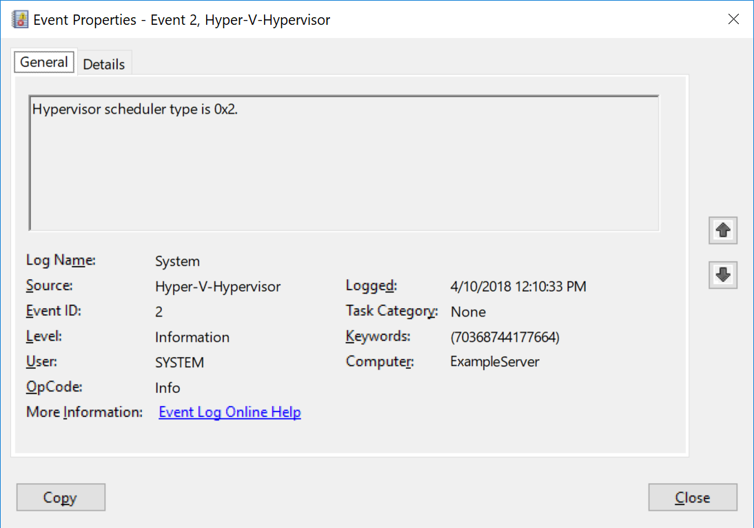 Screenshot of the Event Viewer properties window for a Hyper-V-Hypervisor event with ID 2. Text in the General tab indicates a scheduler type of 0x2.