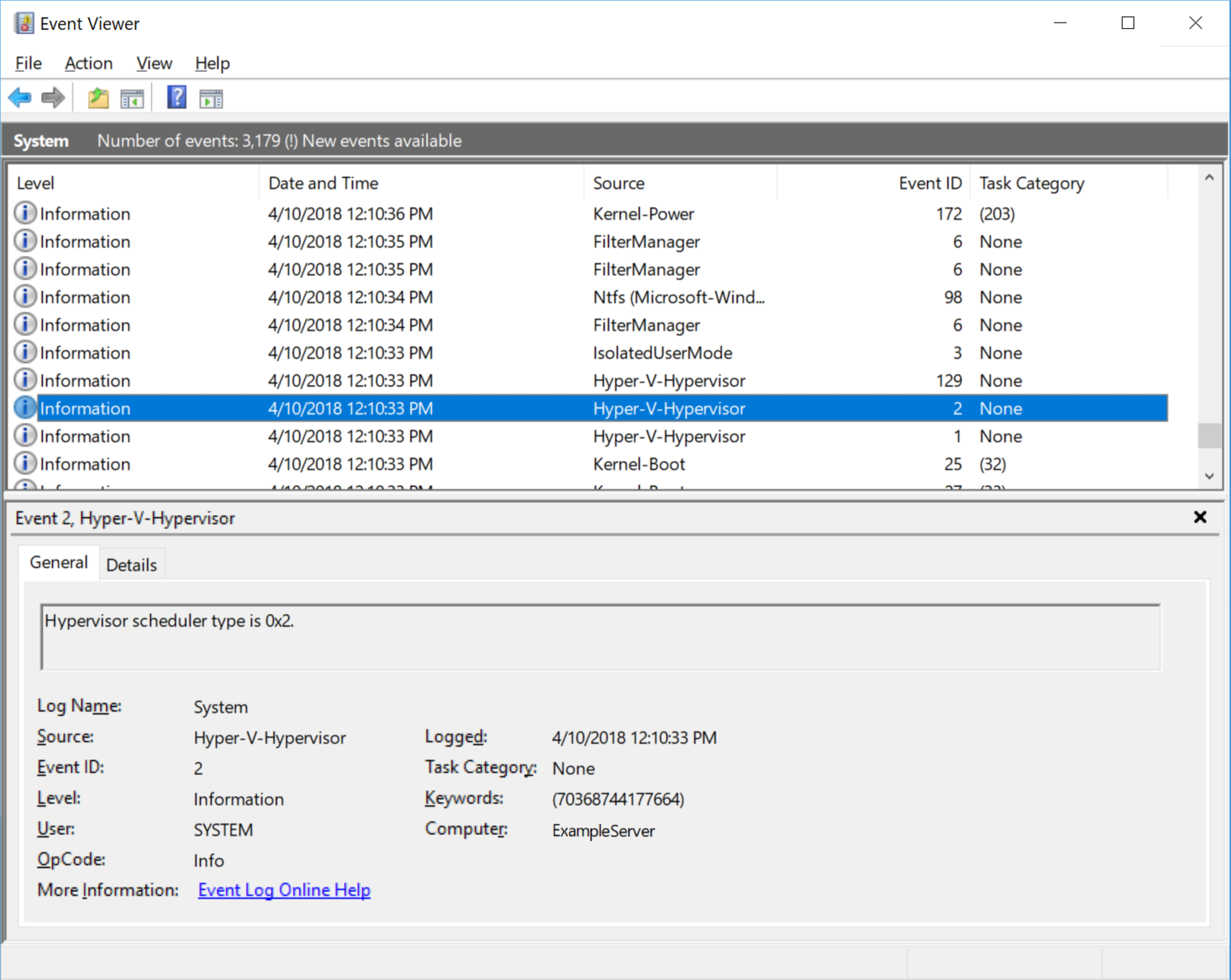 Screenshot of events in Event Viewer. A Hyper-V-Hypervisor launch event with an ID of 2 is selected. A lower pane shows event details.