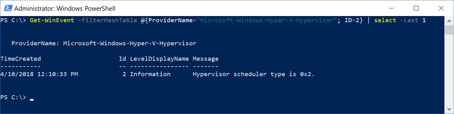 Screenshot of a PowerShell window. A command queries for the latest hypervisor launch event with ID 2. The output shows the scheduler type as 0x2.