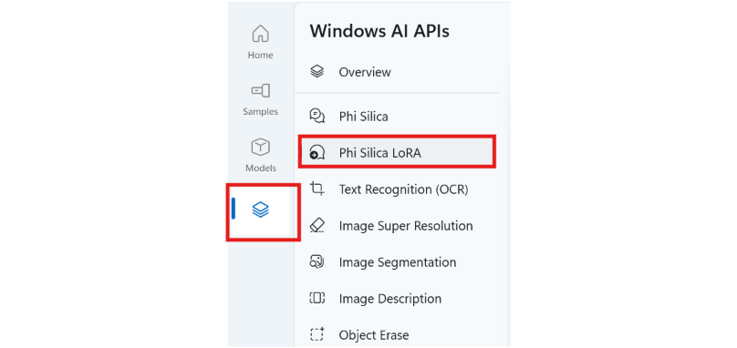 Screenshot of the AI Dev Gallery displaying Windows AI APIs, including Phi Silica LoRA.