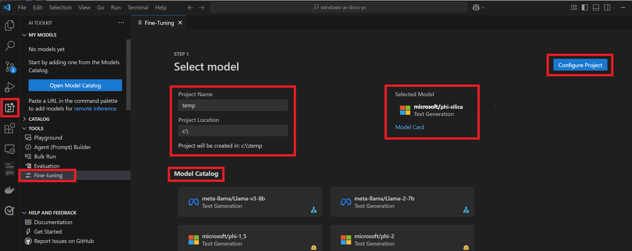 Screenshot of the AI Toolkit extension inside Visual Studio Code.