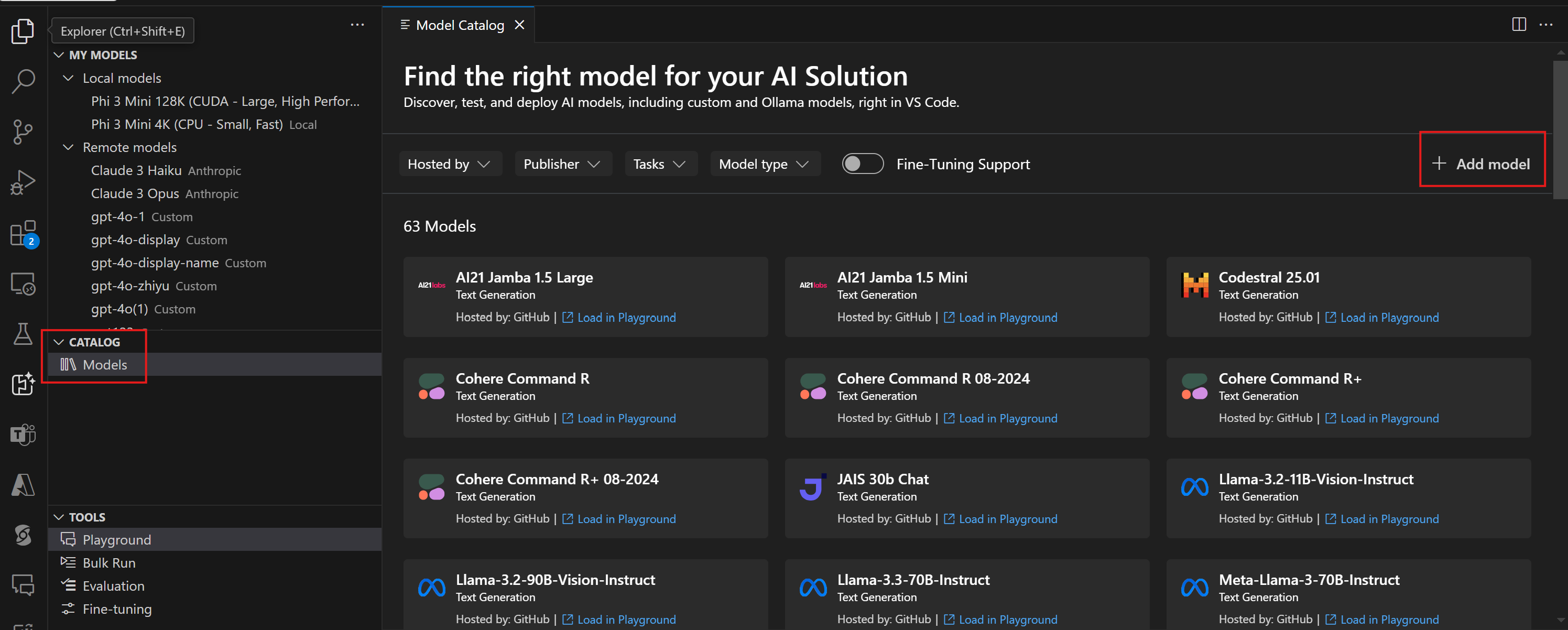 A screenshot of the AI Toolkit model catalog window in VS Code