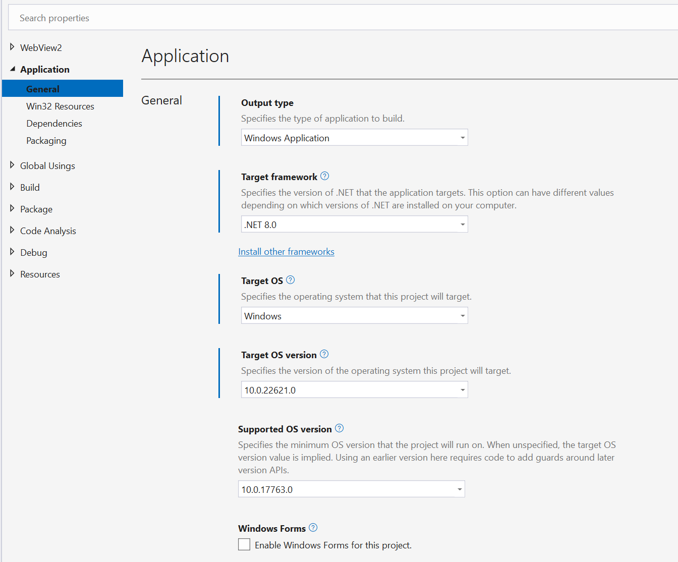 A screenshot of the Visual Studio project properties pane