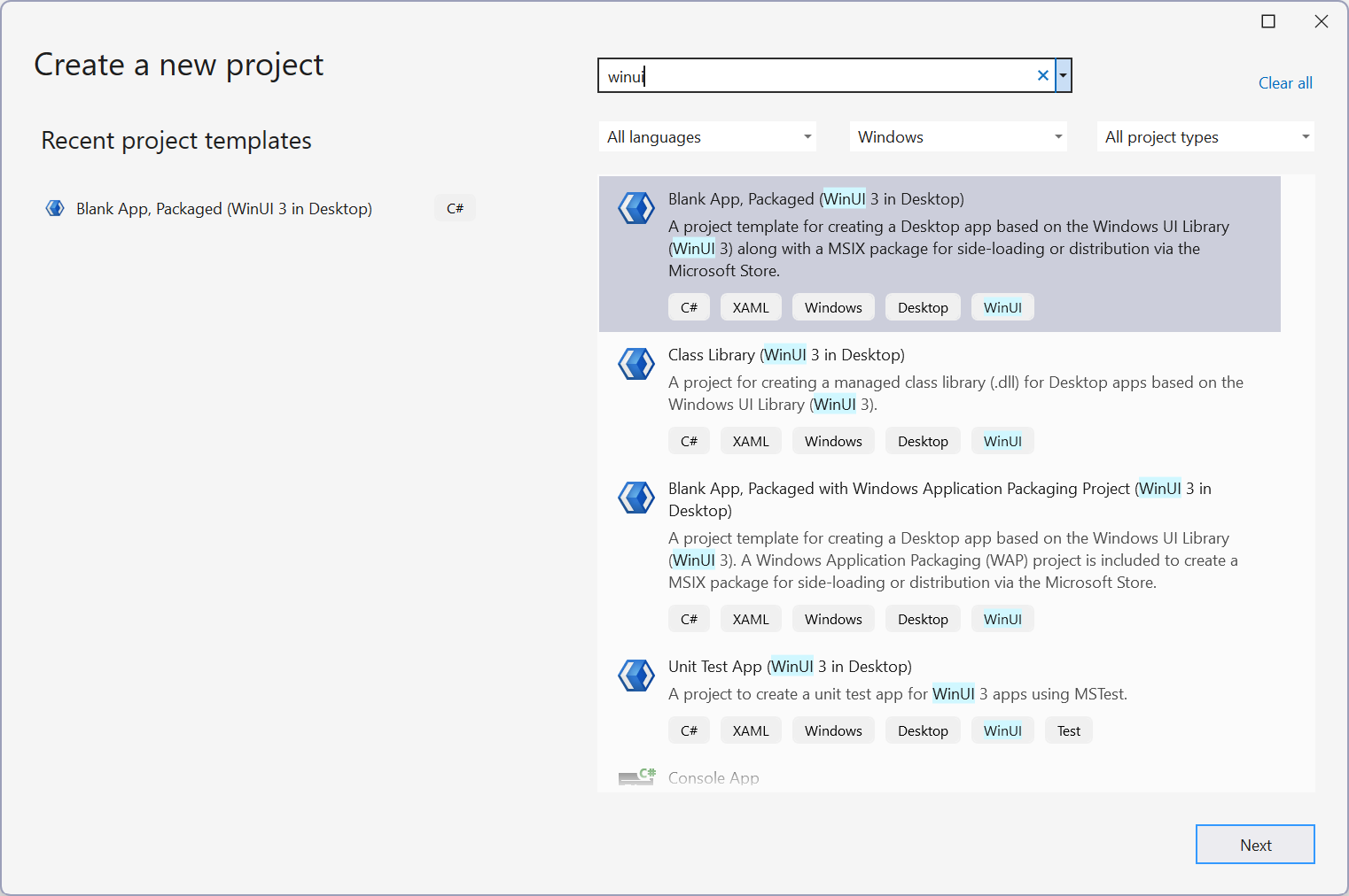 A screenshot of the Visual Studio new Project UI with the WinUI template selected.